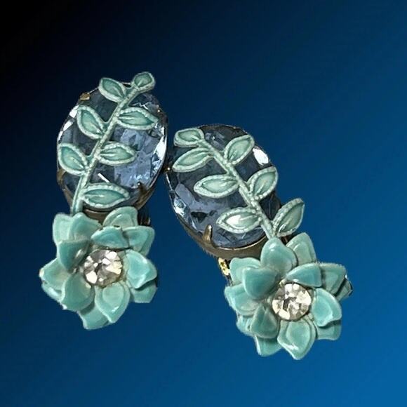 Unbranded Jewelry - Vintage Glass And Enamel Earrings Blue Clip On Floral Vines Spring